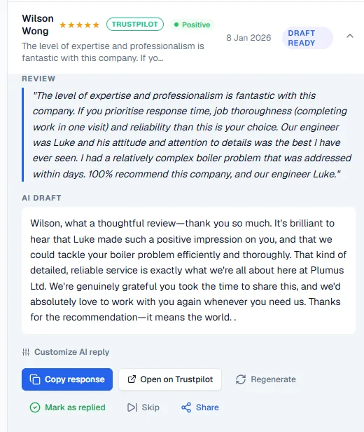 HearBack composing an AI reply to a five-star Trustpilot review — the customer's review above and a ready-to-post draft written in the business's own voice below