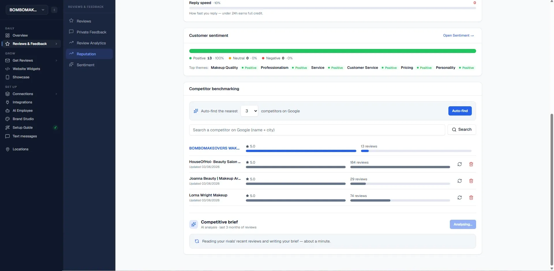 HearBack competitor benchmarking — nearby rival businesses listed with their star ratings and review counts beside yours, with an AI competitive brief being generated