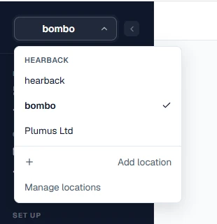 HearBack location switcher on mobile, listing several business locations under one account
