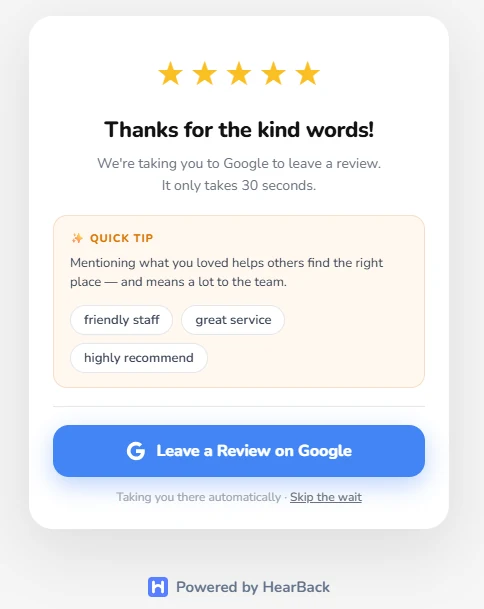 A customer's review screen with a 'Quick tip' suggesting phrases like 'friendly staff', 'great service' and 'highly recommend' to help them write the review