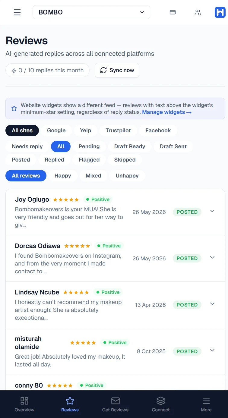 HearBack Reviews inbox on mobile with All sites, Google, Yelp, Trustpilot and Facebook tabs, showing reviews from every platform in one feed