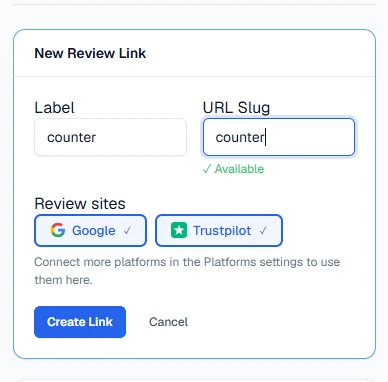 Creating a branded review link in HearBack, pointed at Google and Trustpilot