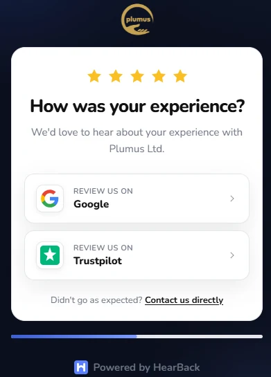 The customer-facing review page asking 'How was your experience?' with Google and Trustpilot options