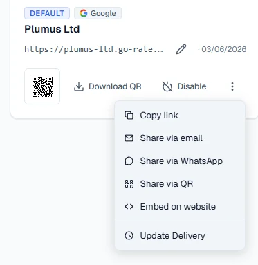 Sharing a review link by copy, email, WhatsApp or QR code, plus a downloadable QR